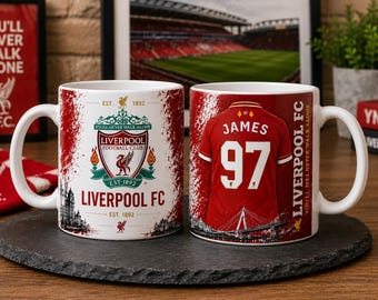 Tazza personalizzata del Liverpool FC / Regalo per tifosi di calcio con nome e numero personalizzati