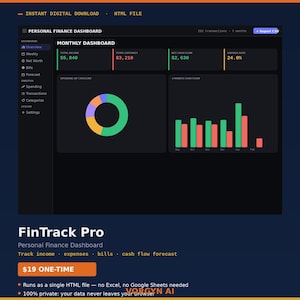 Puede incluir: Un panel de finanzas personales FinTrack Pro con tema oscuro presentado como archivo HTML. La interfaz incluye un menú lateral, un resumen mensual con ingresos totales, gastos, flujo de caja neto y tasa de ahorro, además de gráficos.