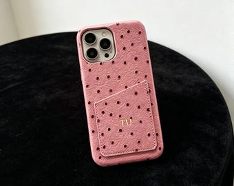 Funda para iPhone personalizada con inicial dorada y lunares, funda para teléfono con tarjetero, funda para iPhone con monograma personalizado, funda protectora para iPhone