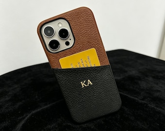 Coque de téléphone or initiale personnalisée, coque pour iPhone bicolore, blocs de couleurs bicolores, coque de téléphone avec porte-cartes, coque de protection personnalisée pour iPhone à monogramme