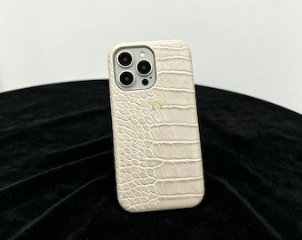 Coque pour iPhone personnalisée avec initiales dorées, coque de téléphone texturée crocodile, coque monogramme personnalisée, coque d'iPhone en cuir de luxe, coque de téléphone avec nom personnalisé