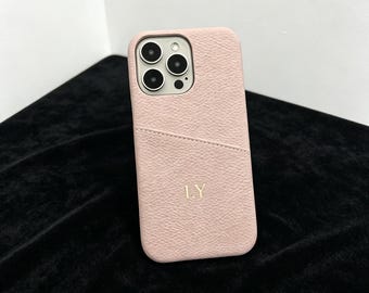 Funda personalizada dorada para iPhone con inicial, funda para teléfono con tarjetero de textura diagonal, funda protectora personalizada para iPhone con monograma