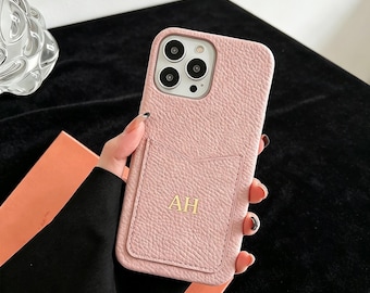 Étui pour iPhone en cuir avec initiales dorées personnalisées, étui en cuir porte-cartes, étui de téléphone à monogramme personnalisé, étui de protection pour iPhone de couleur unie