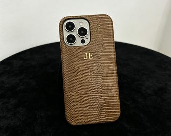 Coque pour iPhone personnalisée avec initiales dorées, coque de téléphone texturée lézard, coque monogramme personnalisée, coque d'iPhone en cuir de luxe, coque de téléphone avec nom personnalisé