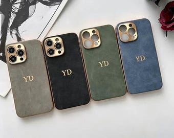 Nom personnalisé,Cuir nubuck,Bords plaqués,Coque de téléphone personnalisée,iPhone,Samsung,Coffret cadeau