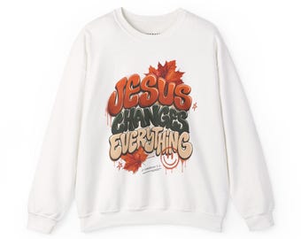 Sudadera Jesús lo cambia todo / Sudadera de cuello redondo con hojas de otoño cristianas / Sudadera de otoño con estampado de fe
