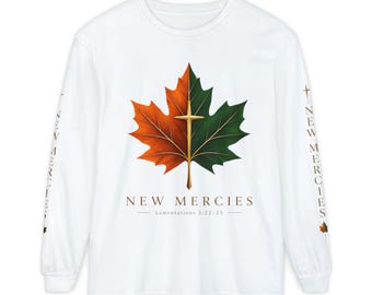 New Mercies Maple Leaf Cross Long Sleeve Shirt | Faith Christian Fall