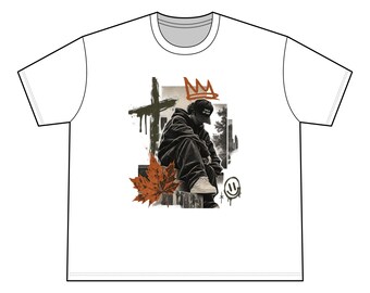 Camiseta de estilo urbano otoñal con estampado de grafiti de corona y hoja de arce.