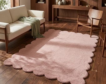 Rosa Teppich mit Wellenrand, weicher Plüschteppich in Wolkenform, moderne Kinderzimmerdekoration, Fußmatte mit Wellenbordüre, skandinavischer Wohnzimmerteppich, gemütliches Schlafzimmer