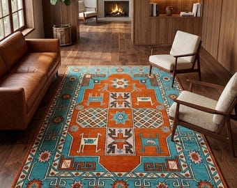 Southwestern Area Rug, Boho Tribal Rug, Turquoise Orange Geometric Rug, Aztec Living Room Rug, Western Home Decor Carpet- 7x10, 8x10 9x12.