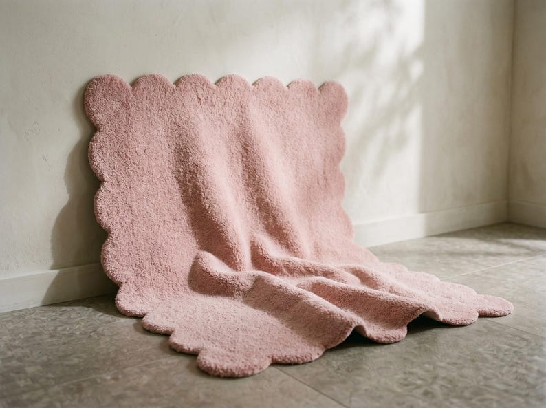 Contemporary pink area rug with a plush cloud-inspired design and distinctive scalloped edges. This decorative floor covering creates a charming accent for bedrooms, nurseries, living rooms, and modern apartments. The soft pink color complements ivory sofas, beige upholstery, light wood furniture, pastel accessories, and simple decorative pieces. Its wavy border provides a playful alternative to conventional rug shapes, making it a stylish choice for cozy Scandinavian and minimalist interiors.