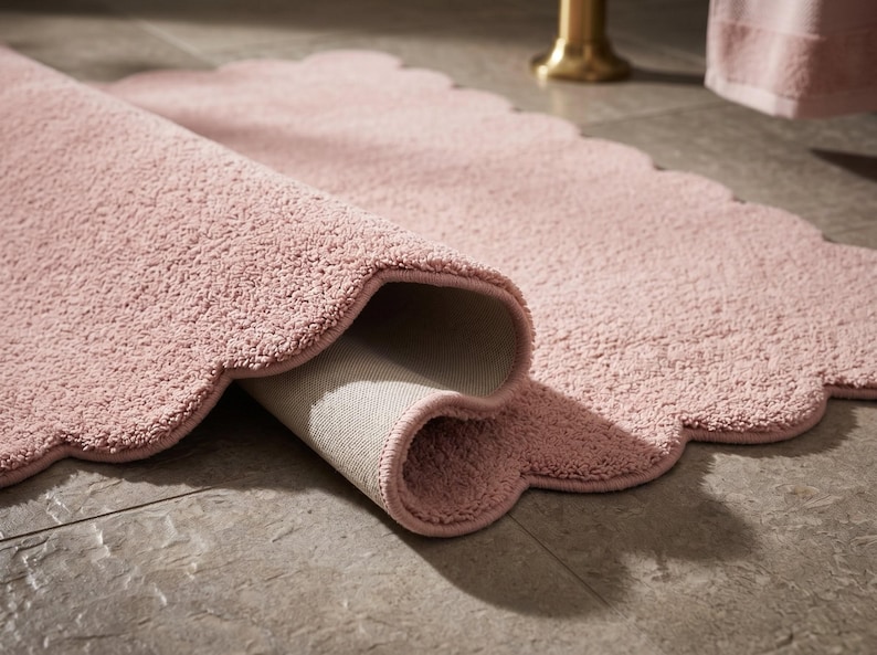 Pink cloud-shaped area rug with a scalloped outline and soft plush styling for inviting home interiors. Designed as a decorative floor mat, it adds charm to nursery spaces, children's bedrooms, cozy living rooms, and reading corners. The pastel pink palette works naturally with cream furniture, light oak finishes, white walls, and neutral textiles. Use this wavy border carpet to create a gentle focal point in modern Scandinavian-inspired decor.
