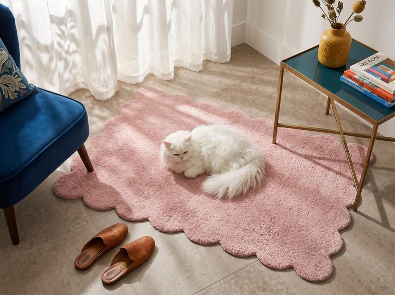 Plush pink area rug with rounded scalloped edges, offering a charming cloud-like appearance for contemporary home decor. This decorative floor mat works well in children's rooms, nurseries, bedrooms, living rooms, and dressing areas. Pair it with light wood furniture, cream cushions, white bedding, pastel decorations, and soft lighting for a coordinated look. Its organic outline adds visual interest to minimalist and Scandinavian interiors without overwhelming the surrounding decor.