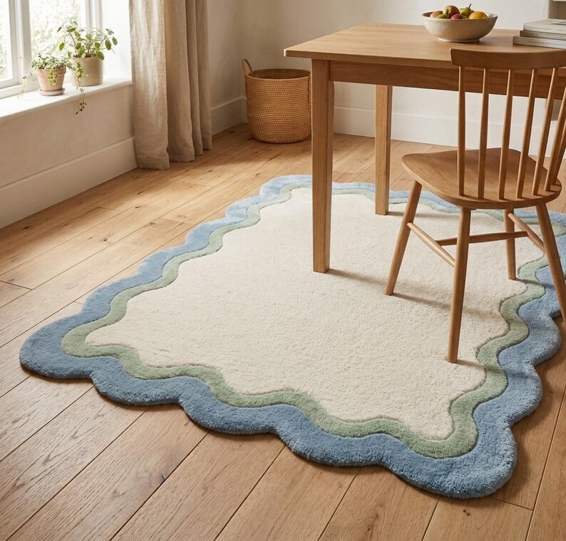 Scalloped wavy border rug placed under a wooden table in a dining area on hardwood flooring