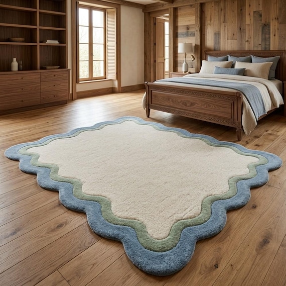 Scalloped Area Rug, Wavy Border Rug, Cream Blue Green Rug, Modern Minimalist Living Room Rug, Soft Tufted Nursery Carpet Decor- 5x7, 6x9 ft.