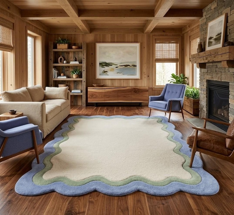 Scalloped wavy edge rug placed in a rustic living room with exposed wooden beams and sunlight streaming in