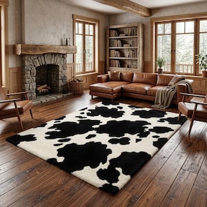 May include: A rectangular area rug featuring a high-contrast black and white cow print pattern with irregular, organic-shaped spots covering the entire surface, laid flat on a dark brown wooden floor in a room with leather furniture.