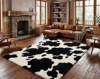 May include: A rectangular area rug featuring a high-contrast black and white cow print pattern with irregular, organic-shaped spots covering the entire surface, laid flat on a dark brown wooden floor in a room with leather furniture.