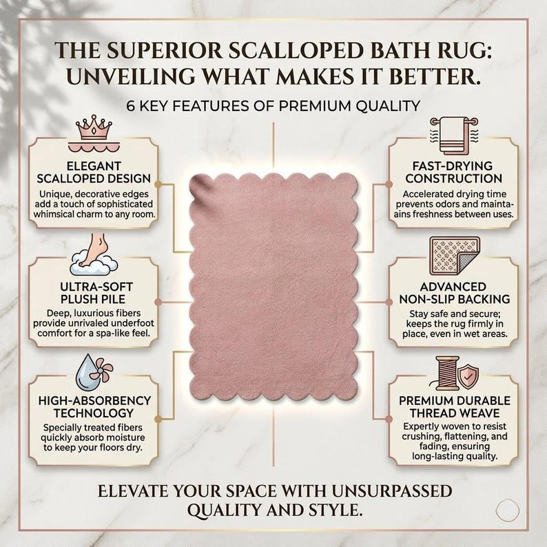Modern pink scalloped area rug featuring a fluffy-looking plush texture and curved decorative edges. This stylish floor mat is ideal for nursery decor, bedroom styling, cozy living rooms, and children's reading corners. Its soft pink palette pairs naturally with ivory bedding, beige furniture, light oak tables, and pastel accents. The organic wavy outline offers a charming alternative to traditional rectangular carpets in Scandinavian, minimalist, and contemporary interiors.
