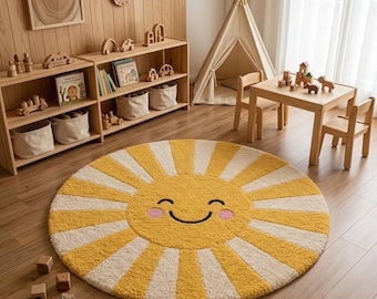 Smiling Sun Tufted Rug, Handmade Nursery Carpet, Yellow White Kids Room Decor 5x5