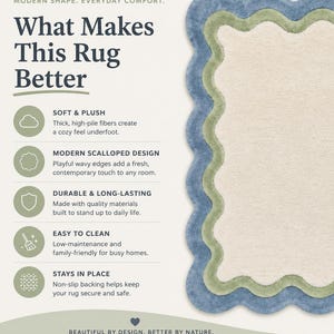 K&ouml;nnte beinhalten: Ein rechteckiger Teppich mit cremefarbener Mitte und zwei gewellten R&auml;ndern in Salbeigr&uuml;n und Staubblau. Das Bild enth&auml;lt den Text: MODERN SHAPE. EVERYDAY COMFORT. What Makes This Rug Better, SOFT & PLUSH, MODERN SCALLOPED DESIGN, DURABLE & LONG-LASTING, EASY TO CLEAN, STAYS IN PLACE, BEAUTIFUL BY DESIGN. BETTER BY NATURE. A rug that feels as good as it looks.