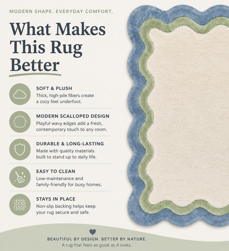 K&ouml;nnte beinhalten: Ein rechteckiger Teppich mit cremefarbener Mitte und zwei gewellten R&auml;ndern in Salbeigr&uuml;n und Staubblau. Das Bild enth&auml;lt den Text: MODERN SHAPE. EVERYDAY COMFORT. What Makes This Rug Better, SOFT & PLUSH, MODERN SCALLOPED DESIGN, DURABLE & LONG-LASTING, EASY TO CLEAN, STAYS IN PLACE, BEAUTIFUL BY DESIGN. BETTER BY NATURE. A rug that feels as good as it looks.