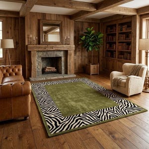 May include: A rectangular area rug featuring a solid olive green centre panel surrounded by a wide border with a black and white zebra stripe pattern. The rug is positioned on a wooden floor in a room with wood panelled walls and a stone fireplace.