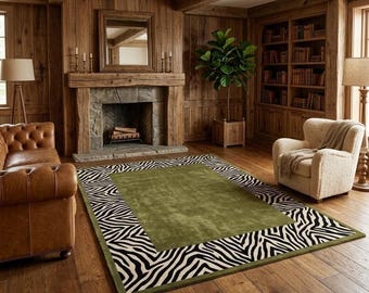 Zebra Border Area Rug, Green Center Rug, Animal Print Carpet, Modern Safari Rug, Black White Striped Rug, Luxury Living Room Decor
