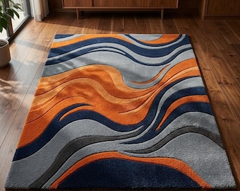 Abstrakter Wellenteppich, moderner orange-blauer Teppich, zeitgenössischer Wohnzimmerteppich, weiche Plüsch-Fußmatte, geometrische Wohndekoration