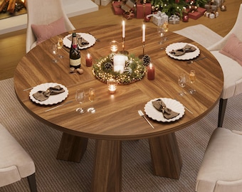 47" Farmhouse Round Dining Table, Solid Wood Kitchen Table for 4-6 People, Walnut Finish Dining Room Furniture with Sturdy Base