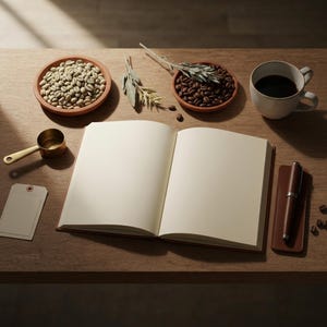 May include: An open notebook with blank pages sits alongside a gold measuring scoop, a white tag, two terracotta bowls filled with green and roasted coffee beans, a sprig of dried herbs, a white ceramic mug of black coffee, and a brown pen.