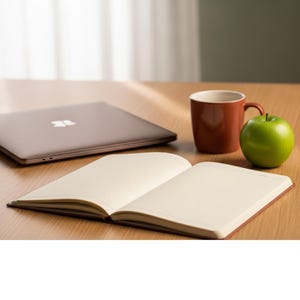 Può includere: Un computer portatile marrone chiuso, un taccuino aperto con pagine a righe color crema, una tazza in ceramica marrone tinta unita e una singola mela verde brillante disposti su una superficie in legno. Gli oggetti formano una postazione.