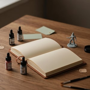 Può includere: Un taccuino aperto con pagine color crema e copertina marrone, circondato da quattro piccoli flaconi contagocce di vernice, due pennelli, una piccola statuetta umanoide grigia su base circolare e diverse etichette di carta verde chiaro e beige.
