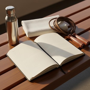 May include: A silver stainless steel water bottle, a folded white towel, a brown jump rope with wooden handles, and an open notebook with lined cream-colored pages. These items are arranged together, showcasing a collection of fitness and wellness gear.