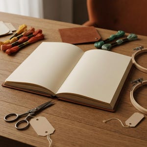 Puede incluir: Un cuaderno abierto con páginas en blanco de color crema, rodeado de suministros de bordado que incluyen madejas de hilo naranja, amarillo y verde azulado, dos bastidores de madera, tijeras de metal y dos etiquetas de papel beige.