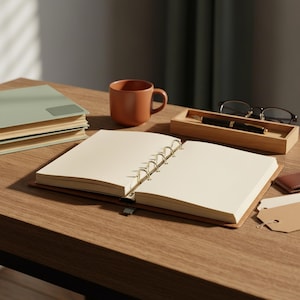May include: An open ring-bound planner with cream-coloured pages, a terracotta-coloured mug, a closed sage green notebook, a wooden tray containing a black fountain pen and black-rimmed glasses, and several tan paper tags on a wooden surface.