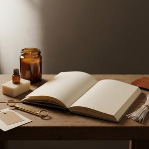 Pode incluir: Um caderno aberto com páginas creme em branco, um frasco de vela de vidro castanho, uma pequena garrafa de vidro âmbar sobre um bloco branco retangular, uma ferramenta de metal dourado com duas extremidades circulares, uma etiqueta bege e pavios de algodão.