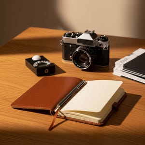 May include: A brown leather notebook with cream-colored pages, a silver pen, a vintage-style film camera, a black light meter, and a stack of paper. The notebook is open, featuring a thin brown ribbon bookmark and visible stitching along the edges.