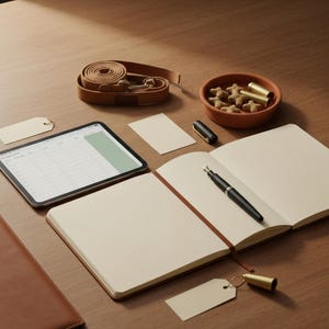 Könnte beinhalten: Eine beige Lederleine, die zu einem Kreis aufgerollt ist, eine Terrakottaschale mit sternförmigen Leckerlis und zwei Messingzylindern, ein Tablet mit digitalem Planer, ein leeres offenes Notizbuch mit schwarzem Füllfederhalter und zwei cremefarbene Papieranhänger.
