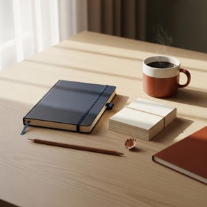 May include: A black notebook with an elastic closure and ribbon bookmark, a stack of cream-colored note cards, a brown wooden pencil, a pencil shaving, and a two-toned terracotta and white ceramic mug filled with steaming dark coffee.