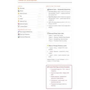 May include: A physical therapy reference guide table of contents page featuring sections for joints, reference sections, special tests, exercise phase color codes, manual therapy evidence levels, and a list of screen red flags for clinical evaluations.