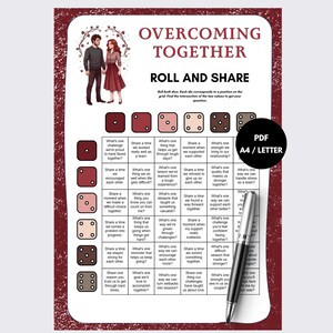 Op de afbeelding: Een printbaar spelblad getiteld Overcoming Together Roll and Share met een kastanjebruine rand. Het bevat een illustratie van een koppel, een raster met gespreksvragen en dobbelsteeniconen. Een zwarte pen ligt op het blad met een PDF A4/Letter-label.