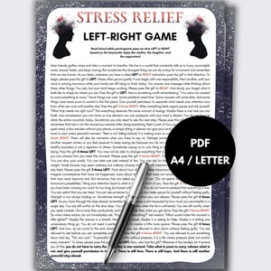 Op de afbeelding: Een geprint document getiteld Stress Relief Left-Right Game met zwarte silhouetten van hoofden met kleurrijke rookachtige hersenillustraties, zwarte tekst, een zilveren pen op de pagina en een zwarte cirkel met het label PDF A4 / LETTER.