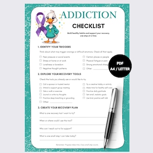 May include: An addiction checklist document with a cartoon duck holding a purple awareness ribbon. The page includes sections for identifying triggers, exploring recovery tools, and creating a recovery plan, with a black and silver pen resting on it.