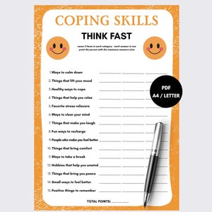 Może przedstawiać: Arkusz do druku zatytułowany COPING SKILLS THINK FAST z pomarańczową teksturowaną ramką, dwiema ikonami uśmiechniętych buziek i piętnastoma numerowanymi poleceniami do wypisania elementów. Na stronie leży czarno-srebrny długopis z etykietą PDF A4/LETTER.