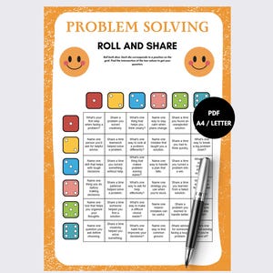 May include: A Problem Solving Roll and Share activity sheet with an orange border, two smiley faces, and a grid of dice icons. The grid contains text prompts for discussion. A black circle indicates PDF A4/LETTER format, and a silver pen rests on top.