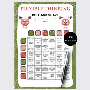 Op de afbeelding: Een Flexible Thinking Roll and Share werkblad met een raster, dobbelsteenpictogrammen, tekstprompts en twee illustraties van een brein dat een halter optilt. Een zwarte pen ligt op het blad met een rond PDF A4/LETTER label.