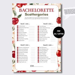 May include: A Bachelorette Scattergories game sheet featuring a cherry-themed border with red cherries and green leaves. The document includes four rounds of categories, a score line, and a text bubble with instructions. It is labeled as a PDF A4/LETTER.