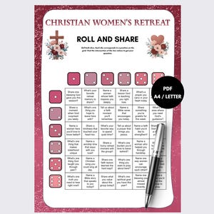 May include: A printable game sheet titled CHRISTIAN WOMEN'S RETREAT ROLL AND SHARE with a grid of questions, floral accents, a cross, and a heart. A black pen rests on the paper, which features a dark red textured border and a black PDF A4/LETTER icon.