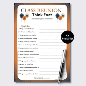 May include: A Class Reunion Think Fast game sheet with a white centre and orange gradient border. It features balloon graphics, fifteen numbered categories, and a black and silver pen. A black circular badge displays the text PDF A4 / LETTER.
